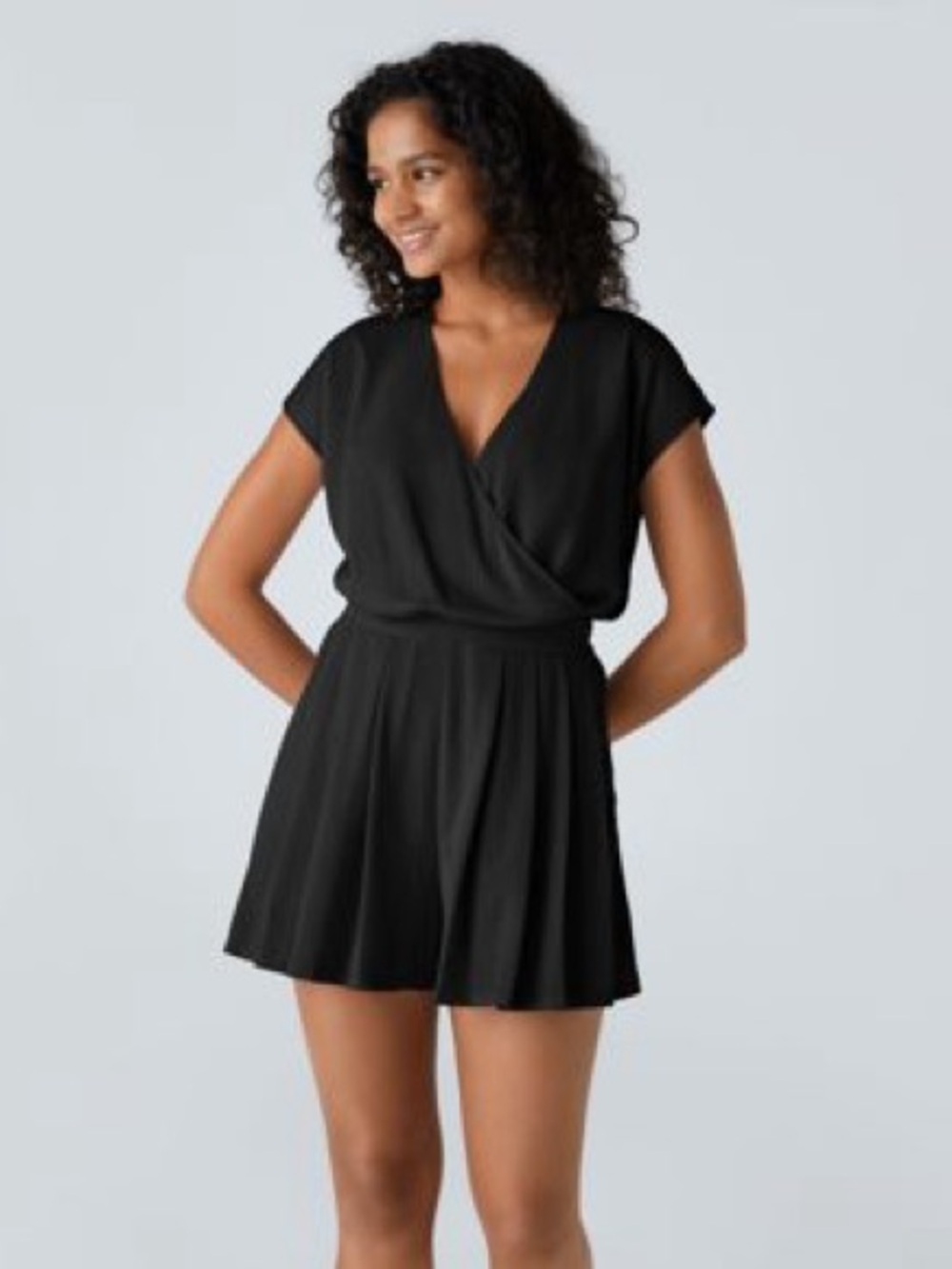 HALARA Black Short Sleeve Wrap Romper Dress